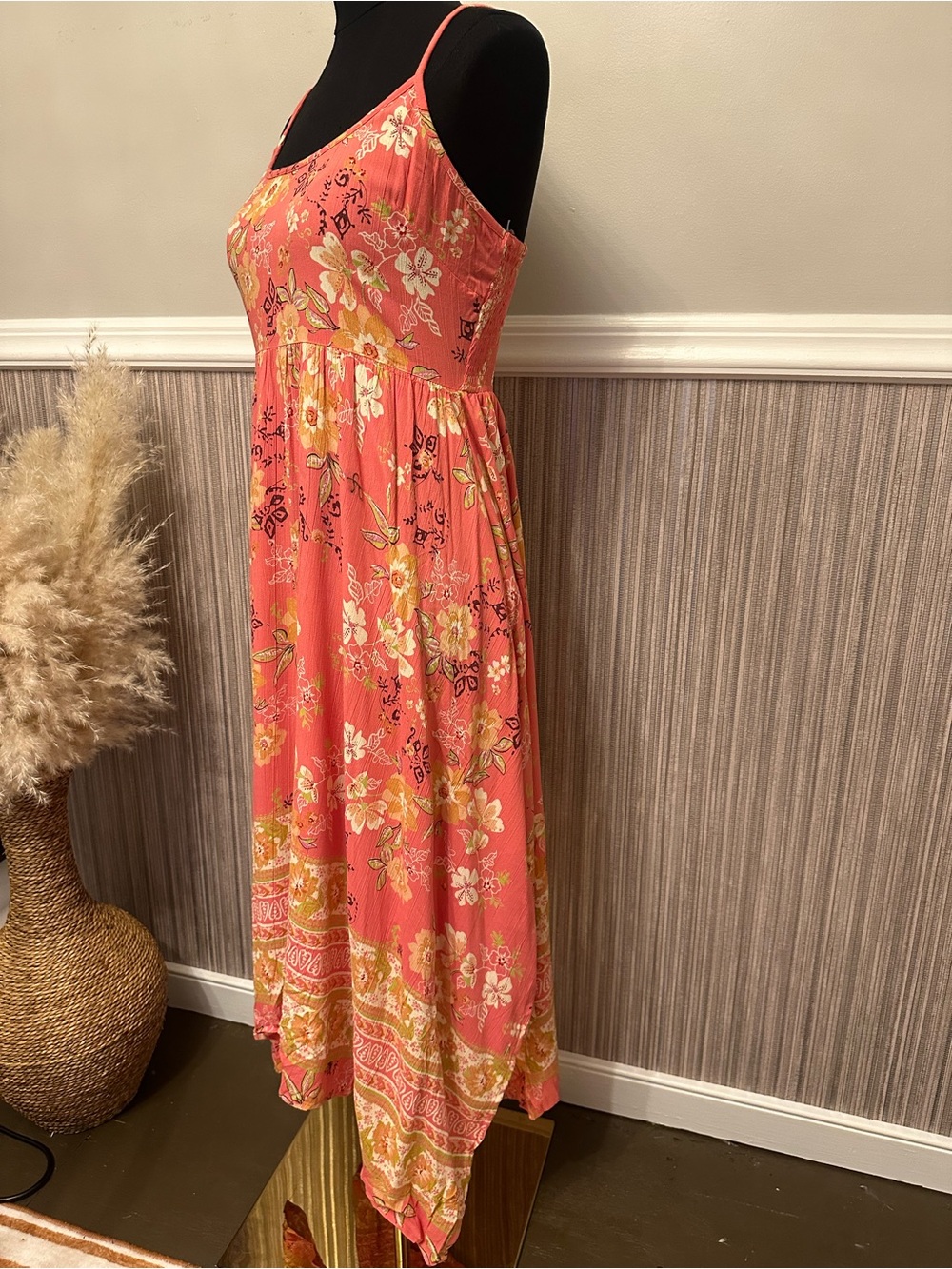 Angie Coral Floral Handkerchief Hem Midi Dress Boho Sundress Size Small - Picture 3 of 7